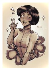  alex_(totally_spies) black_hair blush breasts character_name commentary copyright_name cropped_torso dark-skinned_female dark_skin english_commentary female hand_up iahfy medium_breasts monochrome one_eye_closed open_mouth sepia short_hair signature smile solo totally_spies w whoop_catsuit 