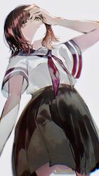  black_skirt blue_sailor_collar brown_hair commentary female from_below grey_background grey_eyes hand_on_own_face highres looking_at_viewer neckerchief original parted_lips pleated_skirt red_neckerchief sailor_collar school_uniform serafuku short_hair short_sleeves simple_background skirt solo tekito_midori 