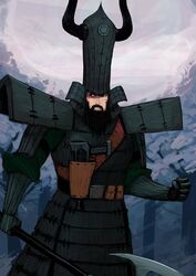  1boy armor axe beard chinese_commentary clenched_hand commentary_request dated facial_hair fake_horns holding holding_axe holster horned_headwear horns japanese_armor male_focus outdoors samurai_jack samurai_jack_(character) shoulder_armor standing wugedou 