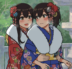  2girls akagi_(kancolle) blue_kimono blush breath brown_eyes brown_hair closed_mouth commentary_request day floral_print flower fur_collar hair_ornament japanese_clothes kaga_(kancolle) kantai_collection kimono long_hair multiple_girls obi open_mouth outdoors red_kimono sash shijukara_(great_tit) side_ponytail sidelocks wide_sleeves 