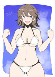  alternate_costume artist_name bikini blue_sky breasts brown_hair cleavage clenched_hands collarbone cowboy_shot dated female flipped_hair hair_between_eyes hands_up hiei_(kancolle) highres kantai_collection looking_to_the_side medium_hair navel no_headgear open_mouth purple_eyes sky smile solo swimsuit taira_yuuki thick_thighs thighs white_bikini 