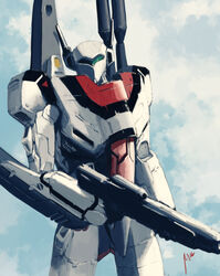  absurdres airborne cloud energy_cannon gunpod highres macross macross:_do_you_remember_love? macross:_the_first mecha no_humans original realistic redesign robot science_fiction shoulder_cannon signature solo themimig u.n._spacy upper_body variable_fighter vf-1 vf-1_strike vf-1s 