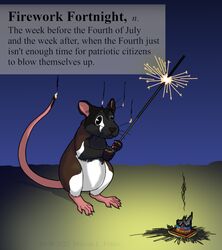  2022 4th_of_july ambiguous_gender black_eyes brown_body brown_fur burn claws cybercorn_entropic definition english_text featureless_crotch feral fire fireworks fur holidays mammal murid murine night pie_cut_eyes rat rodent smoke solo sparkler text whiskers white_body white_fur 