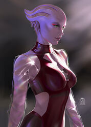  absurdres alien artist_logo asari_(mass_effect) blurry blurry_background breasts cleavage cleavage_cutout clothing_cutout collar colored_skin cowboy_shot dress eleonora_lisi eyeliner female green_eyes highres long_sleeves looking_to_the_side makeup mass_effect_(series) medium_breasts original purple_hair purple_lips purple_skin realistic red_collar red_dress red_eyeliner science_fiction see-through see-through_sleeves side_cutout simple_background skin_tight solo standing tentacle_hair tyressa_shepard_(eleonora_lisi) 