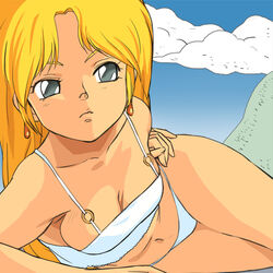  1980s_(style) arm_support bikini blonde_hair blue_sky breasts cleavage closed_mouth cloud cowboy_shot day dragon&#039;s_heaven earrings female frown grey_eyes haruyama_kazunori ikuuru jewelry lace-trimmed_bikini lace_trim long_hair looking_at_viewer lying medium_breasts navel o-ring o-ring_bikini o-ring_top official_style on_side outdoors parted_bangs retro_artstyle scowl sideboob sky solo swimsuit thighs v-shaped_eyebrows white_bikini 