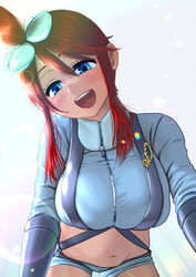  all_fours backlighting belly blue_eyes blue_gloves blue_jacket blue_shorts blush breasts crop_top cropped_jacket female from_below gloves hadairo_rainbow hair_between_eyes hair_ornament harness head_tilt highres jacket jet_badge large_breasts long_sleeves looking_at_viewer midriff navel one_side_up open_mouth paid_reward_available pokemon pokemon_bw red_hair short_hair_with_long_locks short_shorts shorts sidelocks skindentation skyla_(pokemon) smile solo stomach sweat zipper zipper_pull_tab 