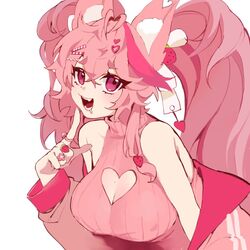  animal_ears borrowed_character breasts cleavage cleavage_cutout clothing_cutout drooling female fox_ears fox_girl heart indie_virtual_youtuber jacket kireina_(osiimi) large_breasts long_hair off_shoulder pink_eyes pink_hair pink_jacket ribbed_sweater saliva second-party_source simple_background sleeveless sleeveless_sweater sweater twintails ultracat upper_body virtual_youtuber white_background 