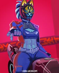  4:5 akali_(lol) anthro belt blue_body blue_clothing clothing doathejackalope felid female hi_res human kda league_of_legends mammal midriff motorcycle motorcycle_helmet pantherine red_background riot_games simple_background solo tencent tiger vehicle 