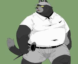  2023 anthro belly big_belly black_body black_nose bottomwear clothing domestic_cat felid feline felis golf_club green_background hat headgear headwear hi_res kemono male mammal overweight overweight_male shorts simple_background solo uokkom 