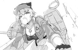  all_fours animal_hat ash_arms b-kyuu_ocha baseball_cap belt blowing_bubbles breasts cat_hat chewing_gum cleavage commentary cropped_jacket dutch_angle female fingerless_gloves gloves greyscale half-closed_eyes halftone hat jacket jewelry long_sleeves looking_at_viewer m18_hellcat_(ash_arms) mecha_musume medium_breasts monochrome necklace open_clothes open_jacket rigging short_hair short_shorts shorts skindentation solo star_(symbol) star_necklace thighhighs 