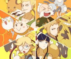  5boys ^_^ beard black_hair blonde_hair blue_eyes blunt_bangs blush bright_pupils brown_eyes clemont_(pokemon) closed_eyes collared_shirt commentary_request electivire elesa_(pokemon) facial_hair female glasses grin heliolisk holding holding_removed_eyewear lolicon looking_at_viewer magneton multiple_boys open_mouth orange_background pokemon pokemon_(creature) pokemon_bw2 pokemon_dppt pokemon_hgss pokemon_oras pokemon_sm pokemon_xy raichu shirt sidelocks signature smile sophocles_(pokemon) spiked_hair ssalbulre sunglasses surge_(pokemon) togedemaru unworn_eyewear v volkner_(pokemon) wattson_(pokemon) white_pupils yellow_background zebstrika 