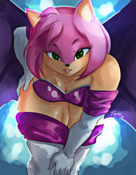  5_fingers alternate_costume alternate_form amouge amy_rose anthro armwear bat bat_wings bent_over biped black_nose breasts cleavage clothed clothing elbow_gloves eulipotyphlan eyebrows eyelashes female fingers gloves green_eyes hair hand_on_hip handwear hedgehog hi_res hybrid legwear leotard looking_at_viewer mammal membrane_(anatomy) membranous_wings pink_hair rouge_the_bat sega solo sonic_the_hedgehog_(series) strapless_clothing strapless_leotard tan_body thigh_highs vin4art white_clothing white_gloves white_handwear wings 