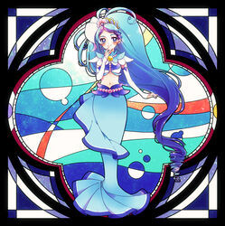  abstract_background absurdres arm_warmers blue_eyes blue_hair blue_skirt blush brooch closed_mouth crop_top cure_mermaid cure_mermaid_(mode_elegant) curly_hair female full_body go!_princess_precure highres jewelry kaidou_minami kuzumochi long_hair long_skirt looking_at_viewer magical_girl mermaid_dress midriff multicolored_hair navel precure purple_hair skirt smile solo standing streaked_hair thighs two-tone_hair white_sleeves 