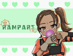  animification apex_legends bad_id bad_pixiv_id blue_shirt bright_pupils brown_eyes brown_gloves brown_hair character_name chewing_gum dark-skinned_female dark_skin facial_mark female forehead_mark gloves green_nails head_tilt heart heart_hands highres jacket looking_at_viewer nepitasu orange_jacket rampart_(apex_legends) shirt side_ponytail single_glove solo white_pupils 