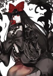  abyssal_ship apple bad_id bad_pixiv_id black_dress black_feathers black_hair bow breasts chains claws cleavage colored_skin dress feathers female food fruit hairbow holding kantai_collection large_breasts lips long_hair long_sleeves navel neko_(ganecooo) pale_skin red_bow red_eyes seaplane_tender_princess solo very_long_hair white_skin 