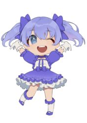  absurdres arata_(user_jjxc7843) blue_bow blue_dress blue_eyes blue_footwear blue_hair bow chibi dress female full_body gloves hairbow highres nijisanji one_eye_closed open_hands open_mouth smile solo twintails virtual_youtuber white_background white_gloves yuuki_chihiro yuuki_chihiro_(1st_costume) 