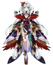  absurdly_long_hair aqua_eyes aqua_hair bell black_kimono black_skirt bow breasts chest_tattoo cleavage earrings facial_mark feather_trim feathered_wings female flower full_body gem hair_flower hair_ornament halterneck heart highres indie_virtual_youtuber japanese_clothes jewelry jingle_bell kimono large_breasts long_hair long_sleeves looking_at_viewer miniskirt mole mole_on_thigh mole_under_mouth obi oerba_yun_fang off_shoulder official_art open_mouth platform_footwear pleated_skirt purple_bow purple_rope red_flower red_wings rope sash second-party_source shigoku_tobi shimenawa simple_background single_thighhigh skindentation skirt sleeves_past_fingers sleeves_past_wrists solo standing tachi-e tassel tattoo thigh_strap thighhighs tiara touzai_(poppin_phl95) very_long_hair virtual_youtuber white_background white_hair white_kimono white_thighhighs wide_sleeves wings 