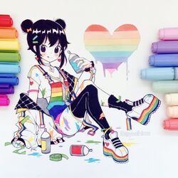  :q anny_(yoai) art_tools_in_frame black_eyes black_hair black_legwear blush commentary double_bun female hair_bun hair_ornament hairclip highres jacket jewelry knees_up lgbt_pride long_sleeves marker marker_(medium) original photo_(medium) rainbow rainbow_flag rainbow_order ring shirt shoes short_hair short_sleeves single_sock single_thighhigh smile socks solo symbol-only_commentary thighhighs tongue tongue_out traditional_media twintails white_footwear white_jacket white_shirt zipper zipper_pull_tab 