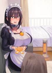  absurdres apron bed blanket blurry blush breasts brown_eyes brown_hair choker cleavage couch curtains depth_of_field female food food_on_body food_on_breasts fruit hair_between_eyes heater highres huge_breasts long_hair looking_at_viewer maid maid_apron maid_headdress mandarin_orange natsuishi_nana open_mouth oppai_mochi orange_peel original sitting window yonpaku_eyes_maid-san 