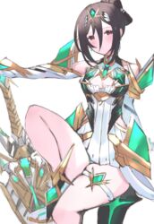  absurdres aegis_sword_(xenoblade) arm_guards backless_dress backless_outfit bare_legs bare_shoulders breasts chest_jewel cleavage cleavage_cutout clothing_cutout cosplay dress earrings elbow_gloves female gloves highres jewelry juneplums microdress morag_ladair_(xenoblade) mythra_(xenoblade) mythra_(xenoblade)_(cosplay) short_dress simple_background solo sword thigh_strap tiara weapon white_dress white_gloves xenoblade_chronicles_(series) xenoblade_chronicles_2 