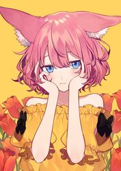  animal_ear_fluff animal_ears arm_cutout bare_shoulders black_bow blush bow female flower fox_ears frilled_shirt frilled_sleeves frills hair_between_eyes hands_on_own_face original pink_hair portrait puffy_short_sleeves puffy_sleeves shirt short_hair short_sleeves shugao solo tulip wavy_hair yellow_background yellow_shirt 