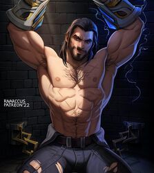  1boy abs armpit_hair arms_up artist_name bad_id bad_twitter_id bara beard belt black_belt black_hair chains chest_hair facial_hair large_pectorals league_of_legends looking_at_viewer male_focus marcus_(rnarccus) mature_male medium_hair muscular muscular_male navel nipples paid_reward_available pants patreon_username pectorals restrained smile solo sylas_(league_of_legends) torn_clothes torn_pants 