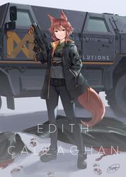  absurdres animal_ears assault_rifle bullpup character_name dreadtie edith_connie_callaghan female fox_ears fox_tail gloves green_eyes ground_vehicle gun highres humvee looking_at_viewer military motor_vehicle original red_hair rifle short_hair smile solo tail weapon 