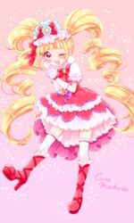  ;d aisaki_emiru blonde_hair boots bow character_name cure_macherie curly_hair diamond-shaped_brooch dress earrings female frilled_thighhighs frills gloves gradient_background hairbow highres hugtto!_precure jewelry knee_boots kuzumochi layered_dress legs_apart long_hair looking_at_viewer magical_girl one_eye_closed open_mouth pink_background pom_pom_(clothes) pom_pom_earrings pouch precure purple_bow red_bow red_dress red_eyes red_footwear smile solo thighhighs twintails waist_bow white_gloves white_thighhighs 