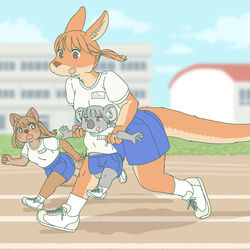  1:1 2023 anthro brown_eyes clothed clothing digital_media_(artwork) ekaki510 female fingers footwear group kangaroo kemono koala macropod mammal marsupial open_mouth quokka red_kangaroo running shoes size_difference socks trio vombatiform 