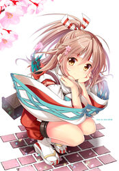  blush brown_eyes cherry_blossoms closed_mouth female flower full_body hachimaki hair_flower hair_ornament hair_ribbon headband high_ponytail japanese_clothes kantai_collection kawai_maria kimono light_brown_hair long_hair long_sleeves petals pink_flower red_shorts ribbon shorts smile solo tabi white_headband white_kimono white_legwear wide_sleeves zuihou_(kancolle) 