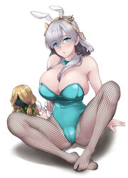  anastasia_(fate) animal_ears bare_shoulders blush bow bowtie breasts cleavage detached_collar fake_animal_ears fate/grand_order fate_(series) feet female fishnet_pantyhose fishnets grey_hair hair_over_one_eye large_breasts long_hair looking_at_viewer no_shoes open_mouth pantyhose playboy_bunny rabbit_ears sitting soba_(saz) solo spread_legs viy_(fate) 