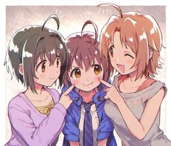  3girls ahoge brown_eyes brown_hair cheek_poking commentary_request girl_sandwich idolmaster idolmaster_cinderella_girls jacket kohinata_miho long_sleeves multiple_girls nanonin necktie one_eye_closed open_mouth poking pout saito_yoko sandwiched short_hair short_sleeves sleeveless upper_body wakiyama_tamami 