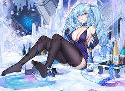  absurdres black_thighhighs blue_dress blue_gloves blue_hair blush bottle breasts center_opening cleavage colored_tips crossed_bangs dress elbow_gloves evening_gown feet female flower full_body gloves hair_between_eyes hair_flower hair_ornament half-closed_eyes highres hololive large_breasts legs long_hair md5_mismatch multicolored_hair no_shoes parted_lips pointy_ears resolution_mismatch sherryqq sitting soles solo source_larger thighhighs toes tray twintails very_long_hair virtual_youtuber yellow_eyes yukihana_lamy 