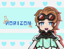  :d animification apex_legends bad_id bad_pixiv_id black_gloves blue_eyes blush character_name female gloves goggles goggles_on_head hair_behind_ear heart heart_hands highres horizon_(apex_legends) nepitasu open_mouth orange_hair smile solo spacesuit 