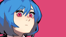  blue_hair borrowed_character closed_mouth commentary english_commentary female gogalking highres looking_at_viewer original pink_background pink_eyes portrait short_hair simple_background skye_(hcnone) solo 