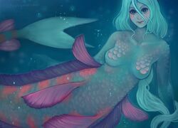  2017 blue_hair blue_theme breasts digital_media_(artwork) featureless_breasts female fish_tail hair looking_at_viewer marine merfolk non-mammal_breasts nude pink_body pink_scales purple_body purple_scales scales solo split_form stringmouse 