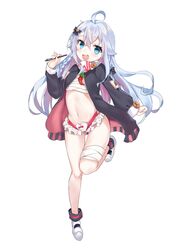  :d ahoge bandaged_leg bandages black_coat blue_eyes bow coat commentary female full_body grey_hair hairbow highres holding indie_virtual_youtuber kagura_nana leg_up long_hair long_sleeves looking_at_viewer midriff multicolored_hair nana_kagura navel oerba_yun_fang open_clothes open_coat open_mouth pink_hair sarashi shoes simple_background smile solo stomach stylus thighs two-tone_hair virtual_youtuber white_background 