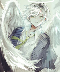  1boy absurdres angel angel_wings black_hair colored_tips green_eyes grey_hair halo highres looking_at_viewer male_focus multicolored_hair necktie original pale_skin shirt solo u-sama_(u_summer0719) white_hair white_shirt wind wings 