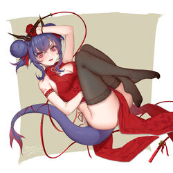  arknights arm_strap arm_tattoo artist_name ass bell black_thighhighs blue_hair blush bracelet breasts ch&#039;en_(ageless_afterglow)_(arknights) ch&#039;en_(arknights) china_dress chinese_clothes cleavage cleavage_cutout clothing_cutout crossed_ankles double_bun dragon_girl dragon_horns dragon_tail dress feet female full_body gloves hair_bun hair_ribbon half_gloves horns itoucon jewelry lace lace-trimmed_legwear lace_trim large_breasts lipstick looking_at_viewer makeup no_shoes official_alternate_costume pelvic_curtain red_dress red_eyes red_gloves ribbon signature skindentation sleeveless sleeveless_dress smile solo tail tattoo thighhighs thighs toes v-shaped_eyebrows whip 