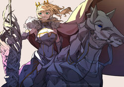  1other artoria_pendragon_(fate) artoria_pendragon_(lancer)_(fate) bad_id bad_pixiv_id blonde_hair breasts cape crown d: dun_stallion_(fate) fate/grand_order fate_(series) female green_eyes highres horse horseback_riding hu_tu large_breasts rhongomyniad_(fate) riding simple_background white_background 