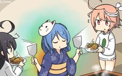  3girls ^^^ ahoge alternate_costume black_hair blue_hair blue_kimono commentary_request cowboy_shot dated double_bun dress floral_print food fox_mask griddle hair_bun hair_ornament hamu_koutarou highres hokuto_no_ken hokuto_ujou_hagan_ken hot_plate i-58_(kancolle) japanese_clothes kantai_collection kimono long_hair mask mask_on_head mikazuki_(kancolle) multiple_girls official_alternate_costume okonomiyaki one-hour_drawing_challenge pink_hair plate red_eyes short_hair spatula standing sweater sweater_dress table urakaze_(kancolle) white_sweater yellow_eyes yukata 