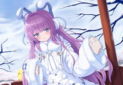  animal_ears azur_lane bad_id bad_pixiv_id bare_tree blue_eyes blunt_bangs blush brown_sweater chinese_commentary cloud cloudy_sky coat commentary_request day earmuffs fake_animal_ears female fur-trimmed_coat fur-trimmed_sleeves fur_trim hair_ornament hair_ribbon highres long_hair long_sleeves looking_at_viewer manjuu_(azur_lane) parted_lips pom_pom_(clothes) purple_hair ribbon shenqi_(toid310) sidelocks sky sleeves_past_fingers sleeves_past_wrists snow solo standing sweater tashkent_(azur_lane) tree upper_body very_long_hair very_long_sleeves white_coat winter_clothes 