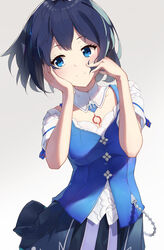  alternate_costume blue_eyes blue_hair closed_mouth female hands_on_own_face highres honkai_(series) honkai_impact_3rd looking_at_viewer looking_to_the_side school_uniform seele_vollerei seele_vollerei_(swallowtail_phantasm) shadow simple_background smile solo tattoo uniform white_background yuyu_guantou_(marky) 