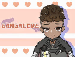  animification apex_legends armor bad_id bad_pixiv_id bangalore_(apex_legends) black_gloves brown_eyes brown_hair character_name curly_hair dark-skinned_female dark_skin explosive female gloves grenade heart heart_hands highres looking_at_viewer nepitasu short_hair smile solo straight-on undercut 