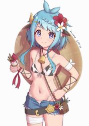  +_+ absurdres animal_ears animal_print armpit_peek bag bandages bell belt belt_buckle bikini blue_eyes blue_hair breasts buckle cow_ears cow_girl cow_horns cow_print cowbell denim denim_shorts female flower hair_flower hair_ornament highleg highleg_panties highres horns ice_cream_cone looking_at_viewer loose_belt mahiru_(princess_connect!) mahiru_(ranger)_(princess_connect!) navel panties pelvic_curtain princess_connect! ruinone short_hair short_shorts shorts shoulder_bag small_breasts stomach string_bra swimsuit underwear white_background 