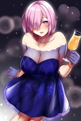  absurdres arm_at_side bare_shoulders blue_dress blush breasts cleavage collarbone commentary_request cup dress eyes_visible_through_hair fate/grand_order fate_(series) female foreshortening gloves hair_over_one_eye half_gloves hand_up highres holding holding_cup kusahagane legs_together light_purple_hair lips looking_at_viewer mash_kyrielight mash_kyrielight_(chaldea_dinnertime) official_alternate_costume open_mouth purple_eyes see-through see-through_silhouette short_hair skindentation solo standing strapless strapless_dress tongue 