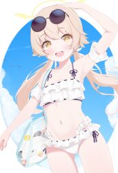  absurdres armpits ass_visible_through_thighs bag bikini blue_archive blue_sky cloud cowboy_shot day eyewear_on_head female frilled_bikini frills hand_on_own_head hifumi_(blue_archive) hifumi_(swimsuit)_(blue_archive) highres low_twintails open_mouth outdoors rokukarashi round_eyewear sky solo sunglasses swimsuit thighs twintails yellow_eyes 