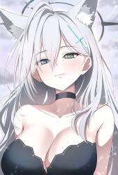  absurdres animal_ear_fluff animal_ears black_halo blue_archive blue_eyes breasts bright_pupils cleavage closed_mouth commentary_request cross_hair_ornament female grey_hair hair_between_eyes hair_ornament halo highres kuromiz large_breasts mismatched_pupils shiroko_(blue_archive) shiroko_terror_(blue_archive) solo upper_body white_pupils 