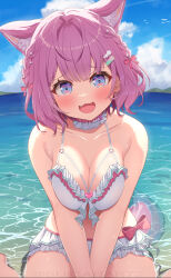  :3 animal_ear_fluff animal_ears antenna_hair bare_shoulders bikini bird blue_sky blush braid breasts choker cleavage cloud cloudy_sky collarbone commentary day extra_ears female frilled_bikini frilled_choker frills hair_ornament hair_ribbon hairclip hakui_koyori hakui_koyori_(summer) heart_bikini highres hololive large_breasts looking_at_viewer medium_hair o-ring o-ring_bikini oerba_yun_fang open_mouth outdoors pink_choker pink_hair pink_ribbon purple_eyes ribbon seagull sitting sky smile solo stomach suicabar72 swimsuit tail thighs two-tone_choker v_arms virtual_youtuber wariza white_bikini white_choker wolf_ears wolf_girl wolf_tail 