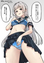  blue_sailor_collar blue_skirt breasts cowboy_shot dated female grey_eyes grey_hair kantai_collection long_hair looking_at_viewer navel neckerchief open_mouth panties pleated_skirt sailor_collar school_uniform serafuku shirakumo_(kancolle) shirt short_sleeves simple_background skirt smile solo stomach the_second_form thighs translation_request twitter_username underwear white_shirt 